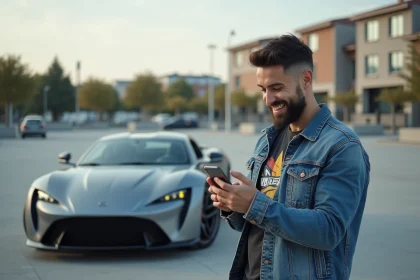 Jeune homme souriant près d'une voiture sportive en ville