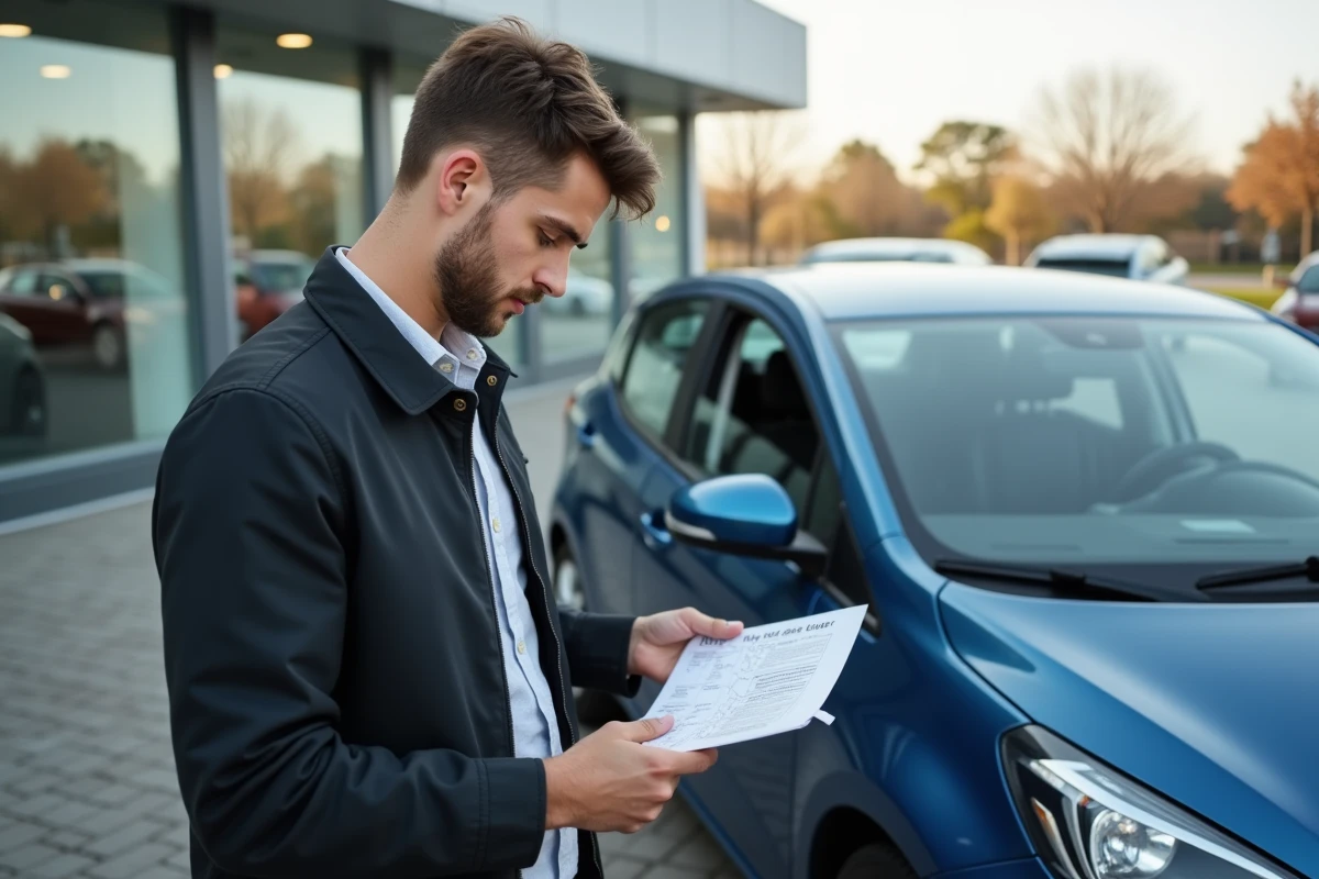 Jeune homme vérifiant un checklist voiture devant un véhicule