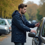 Jeune homme regardant la voiture dans un parking résidentiel