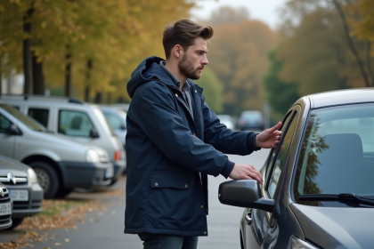 Jeune homme regardant la voiture dans un parking résidentiel