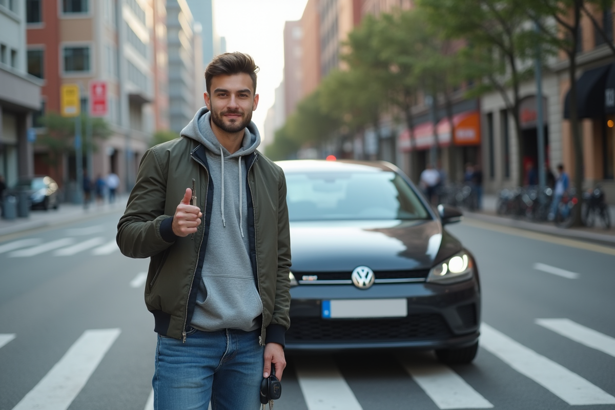 Jeune homme avec clés de voiture dans une rue urbaine