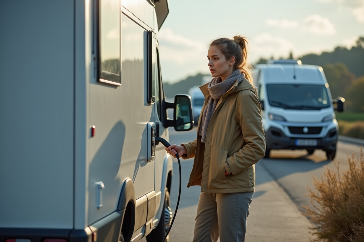 Jeune voyageuse connectant son van électrique à une borne de recharge