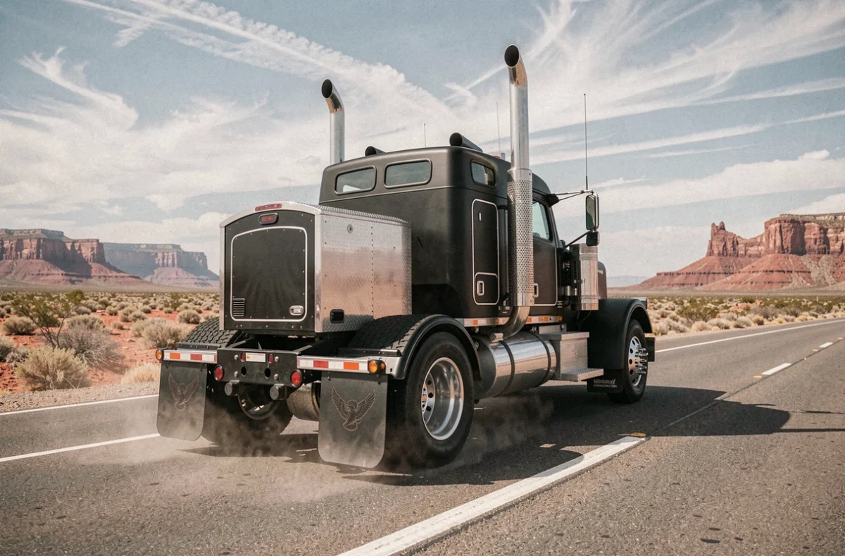 Kenworth W900A noir mat avec garnitures chromées photographié de dos sur une route désertique du sud-ouest américain