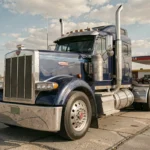 Kenworth W900A personnalisé avec peinture bleu métallisé et filets chromés dans une station de camions américaine classique