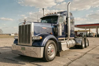 Kenworth W900A personnalisé avec peinture bleu métallisé et filets chromés dans une station de camions américaine classique