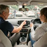 Moniteur d'auto-école expliquant les contrôles d'une voiture automatique à une élève conductrice lors d'une leçon de conduite