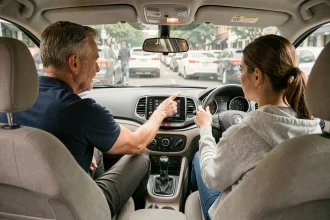 Moniteur d'auto-école expliquant les contrôles d'une voiture automatique à une élève conductrice lors d'une leçon de conduite