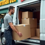 Homme chargeant des cartons dans un utilitaire blanc loué en parking de supermarché Super U