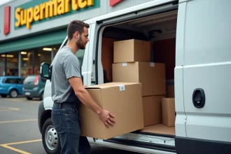 Homme chargeant des cartons dans un utilitaire blanc loué en parking de supermarché Super U