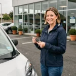 Femme tenant les clés d'une voiture sans permis devant une agence de location automobile