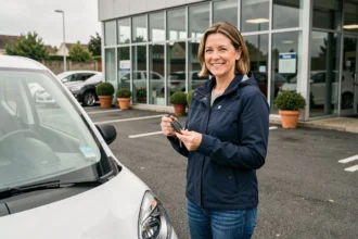 Femme tenant les clés d'une voiture sans permis devant une agence de location automobile