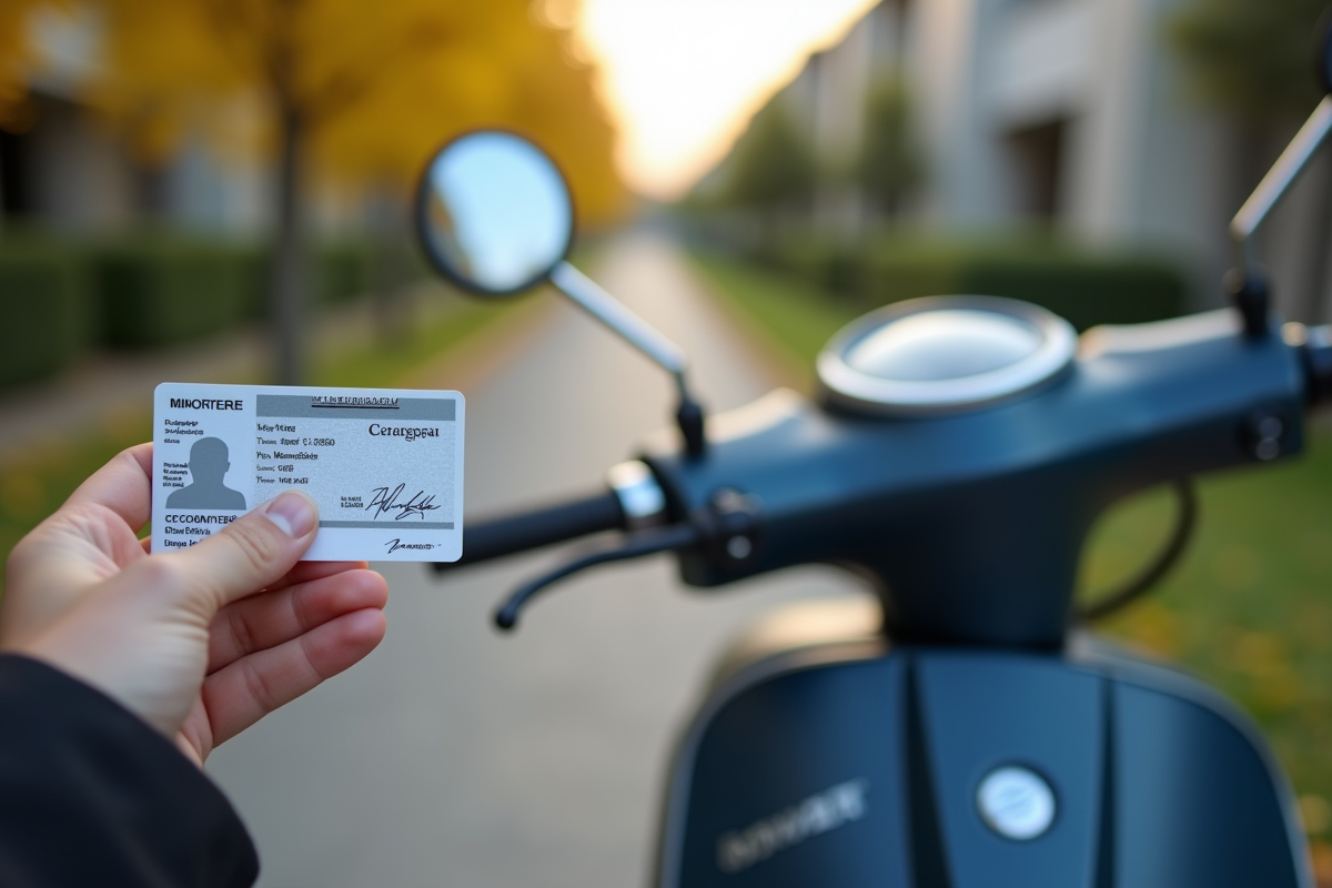 Main tenant une carte de scooter près du guidon