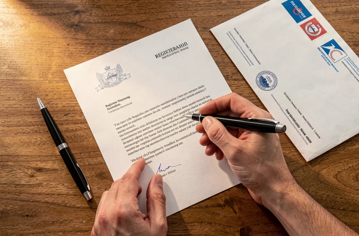 Main qui signe une lettre à côté d'une enveloppe recommandée