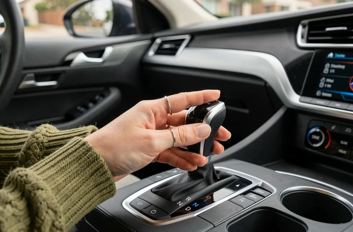 Mains d'une conductrice débutante sur le sélecteur de vitesse automatique lors d'une leçon de conduite