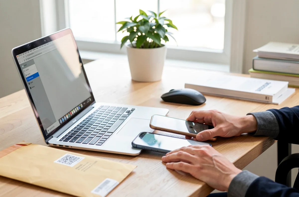 Mains sur un ordinateur portable à côté d'une enveloppe de courrier