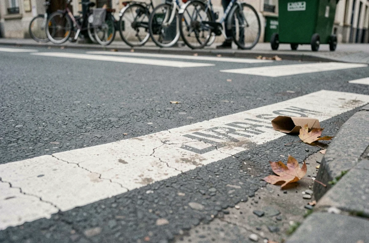 Gros plan sur les lignes pointillées blanches d'une place de livraison au sol en milieu urbain français, peinture usée et asphalte fissuré visibles