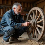 Mécanicien landais inspectant une roue en bois traditionnelle dans un atelier artisanal des Landes