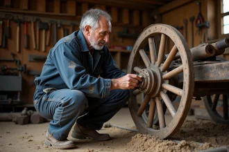 Mécanicien landais inspectant une roue en bois traditionnelle dans un atelier artisanal des Landes