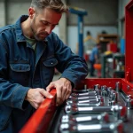 Mécanicien automobile organisant une caisse à outils professionnelle avec clés à cliquet et douilles chromées dans un garage