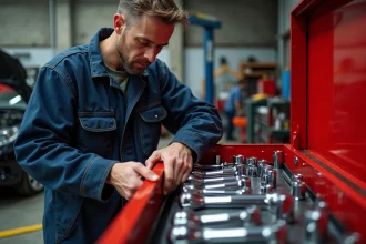 Mécanicien automobile organisant une caisse à outils professionnelle avec clés à cliquet et douilles chromées dans un garage