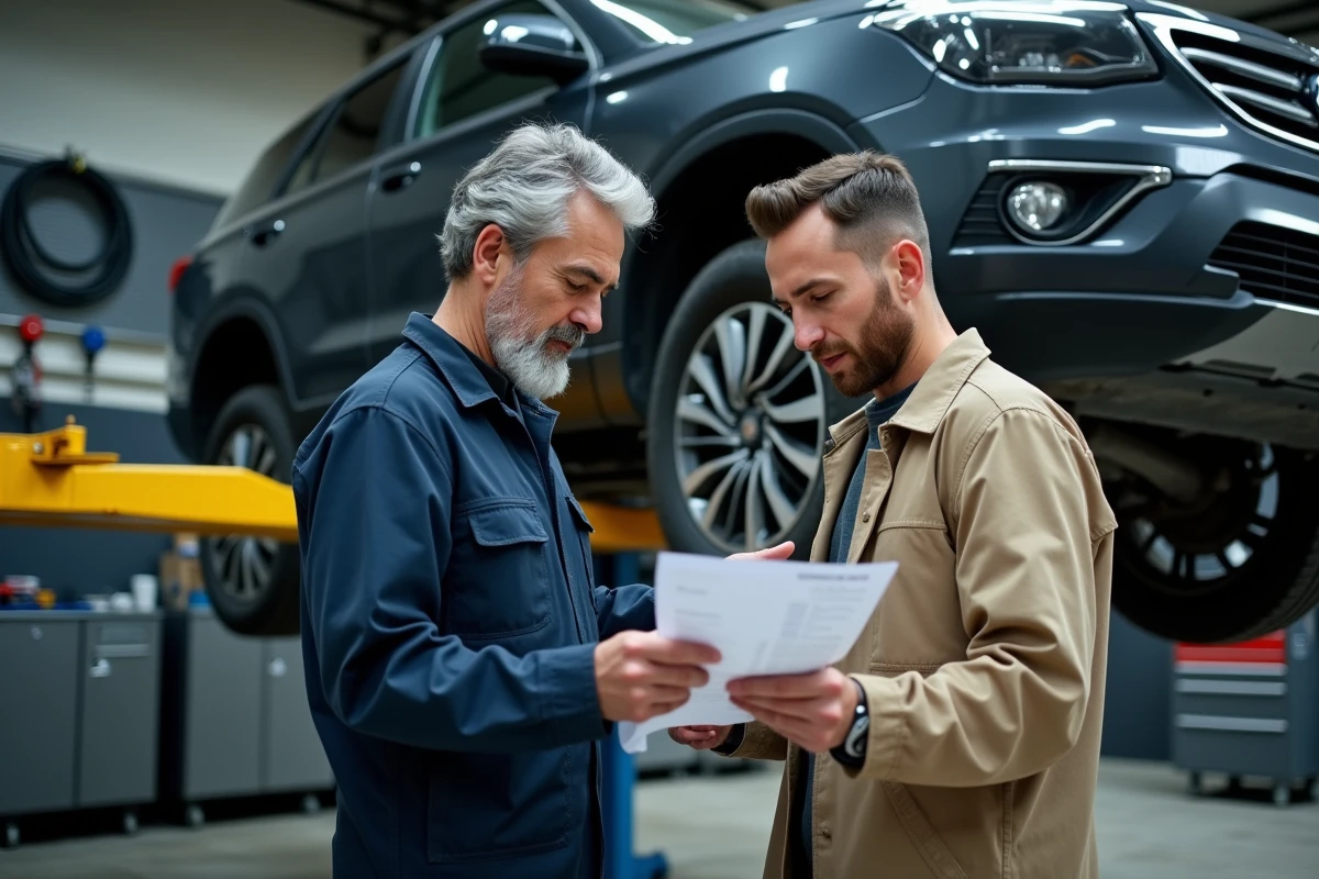 Mécanicien et client examinant un rapport de diagnostic automobile dans un atelier professionnel