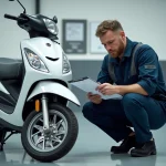 Mécanicien inspectant un scooter blanc lors d'un contrôle technique dans un garage agréé