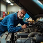 Mécanicien homme inspectant un moteur diesel dans un atelier