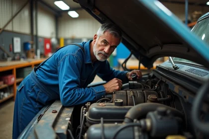 Mécanicien homme inspectant un moteur diesel dans un atelier