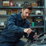 Mécanicien lisant l'étiquette d'un bidon d'huile moteur devant le capot ouvert d'une Peugeot 208 essence dans un garage