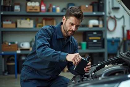 Mécanicien lisant l'étiquette d'un bidon d'huile moteur devant le capot ouvert d'une Peugeot 208 essence dans un garage