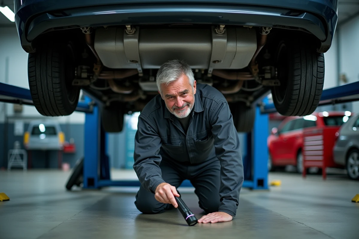Mécanicien automobile inspectant un filtre à particules sous un véhicule diesel en atelier