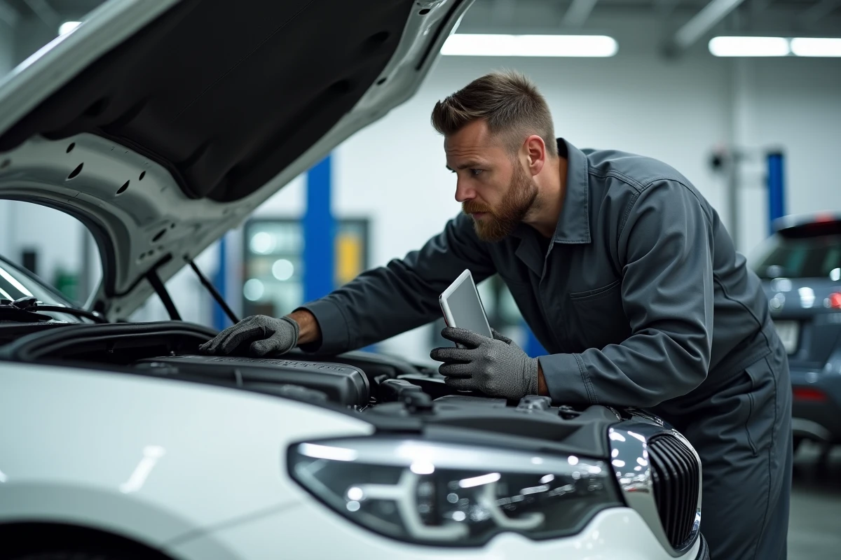 Mécanicien professionnel inspectant le moteur B47 d'une BMW série 3 dans un centre de service agréé avec tablette de diagnostic