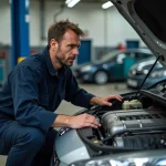Mécanicien inspectant le rail de carburant d'un moteur HDi Peugeot dans un garage professionnel, code erreur P0087