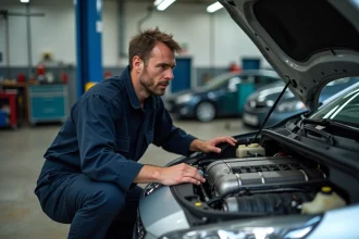 Mécanicien inspectant le rail de carburant d'un moteur HDi Peugeot dans un garage professionnel, code erreur P0087