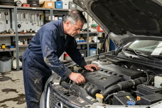 Mécanicien inspectant le moteur Nissan dans un garage professionnel, bilan fiabilité moteur