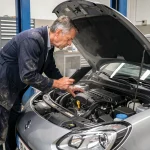 Mécanicien professionnel inspectant le moteur 1.2 PureTech d'une Peugeot dans un atelier automobile après 100 000 km