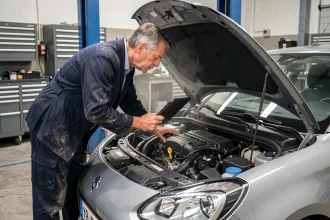 Mécanicien professionnel inspectant le moteur 1.2 PureTech d'une Peugeot dans un atelier automobile après 100 000 km