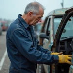 Mécanicien inspectant une pièce d'occasion dans une casse automobile en Essonne