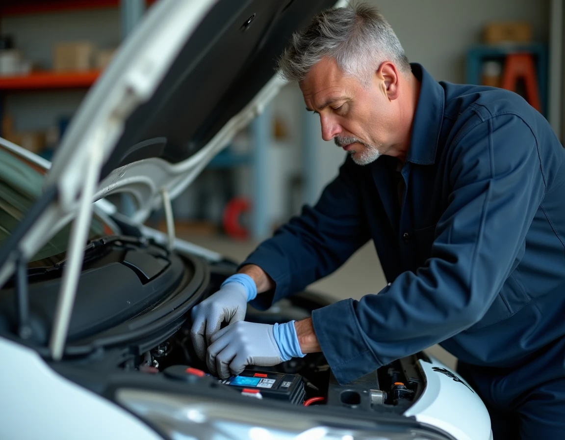 Mécanicien remplaçant la batterie d'une Peugeot 208 dans un garage, voyant de diagnostic potentiel après intervention