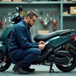 Mécanicien inspectant un scooter électrique avec une tablette affichant la cote Argus dans un atelier urbain