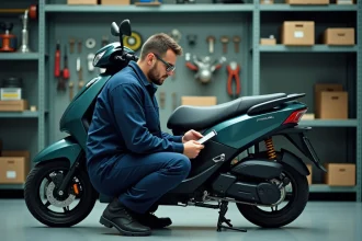 Mécanicien inspectant un scooter électrique avec une tablette affichant la cote Argus dans un atelier urbain