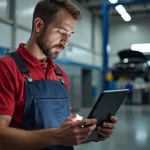 Mécanicien homme avec tablette dans atelier propre