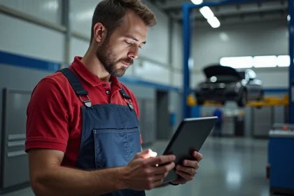 Mécanicien homme avec tablette dans atelier propre