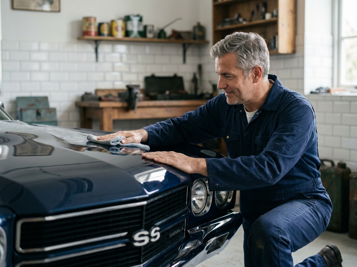 Mécanicien soignant une voiture de collection américaine des années 70 dans un garage privé, symbole de la valeur d'un véhicule de collection