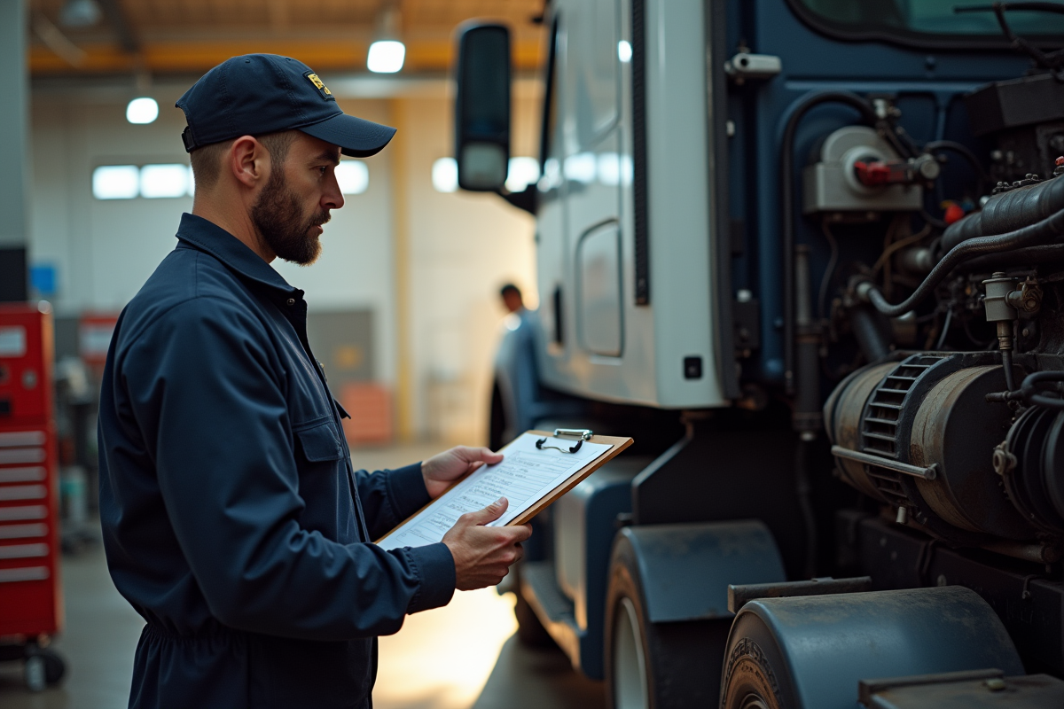 Mécanicien professionnel inspectant un camion lourd en garage