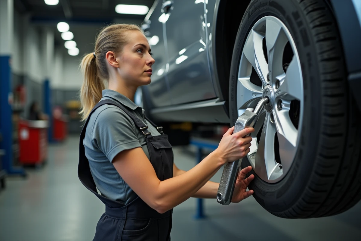 Mécanicienne utilisant une clé dynamométrique pour serrer les boulons de roue lors d'un entretien automobile en atelier