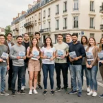 Groupe de jeunes adultes devant une auto-école dans le Val-de-Marne, tenant des manuels de conduite