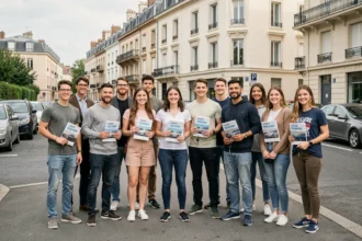 Groupe de jeunes adultes devant une auto-école dans le Val-de-Marne, tenant des manuels de conduite