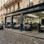 Vue d'ensemble d'un atelier de carrosserie parisien avec des voitures en cours de réparation dans une rue pavée typique de Paris