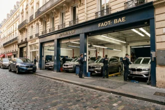 Vue d'ensemble d'un atelier de carrosserie parisien avec des voitures en cours de réparation dans une rue pavée typique de Paris